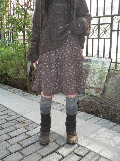 ang project Vintage Floral Lace Trim Tiered Midi Skirt Skirt