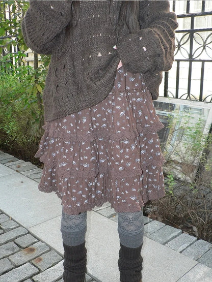 ang project Vintage Floral Lace Trim Tiered Midi Skirt Skirt