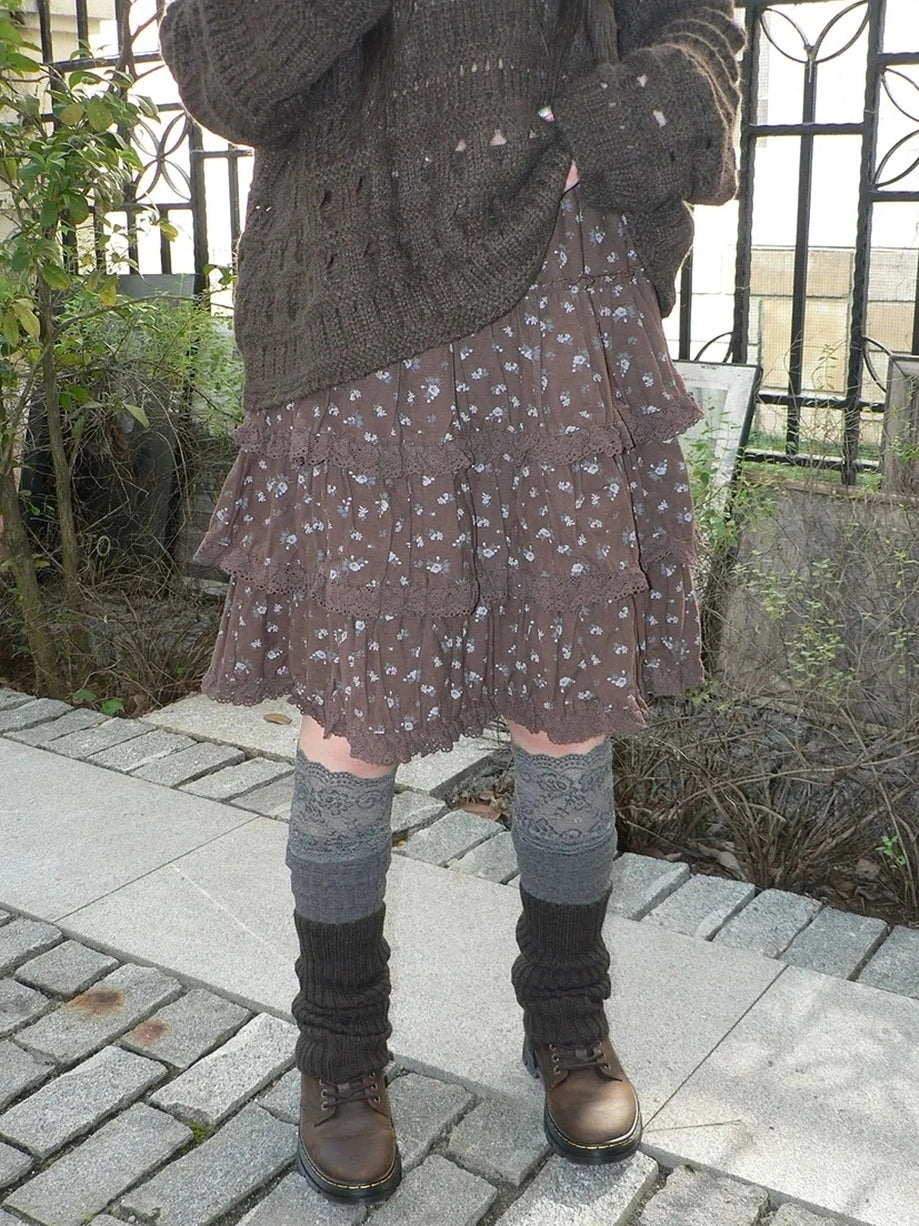 ang project Vintage Floral Lace Trim Tiered Midi Skirt Skirt