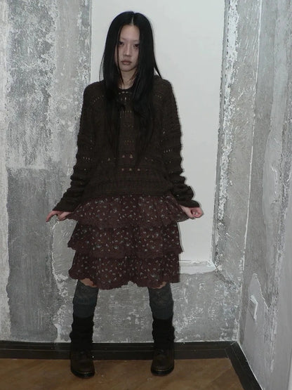 ang project Vintage Floral Lace Trim Tiered Midi Skirt Skirt