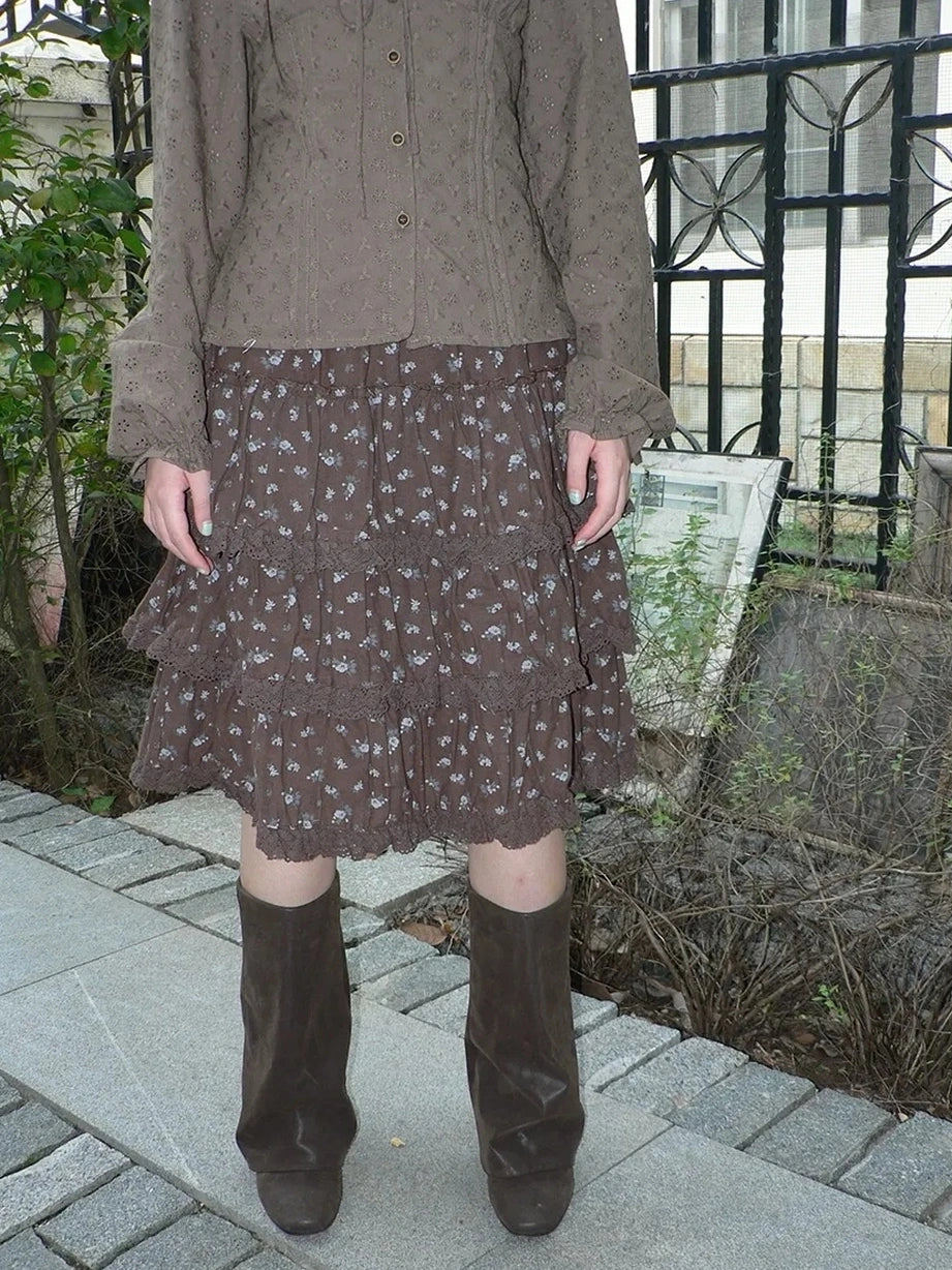 ang project Vintage Floral Lace Trim Tiered Midi Skirt Skirt