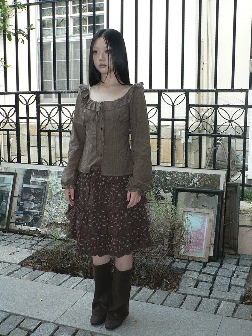 ang project Vintage Floral Lace Trim Tiered Midi Skirt Skirt