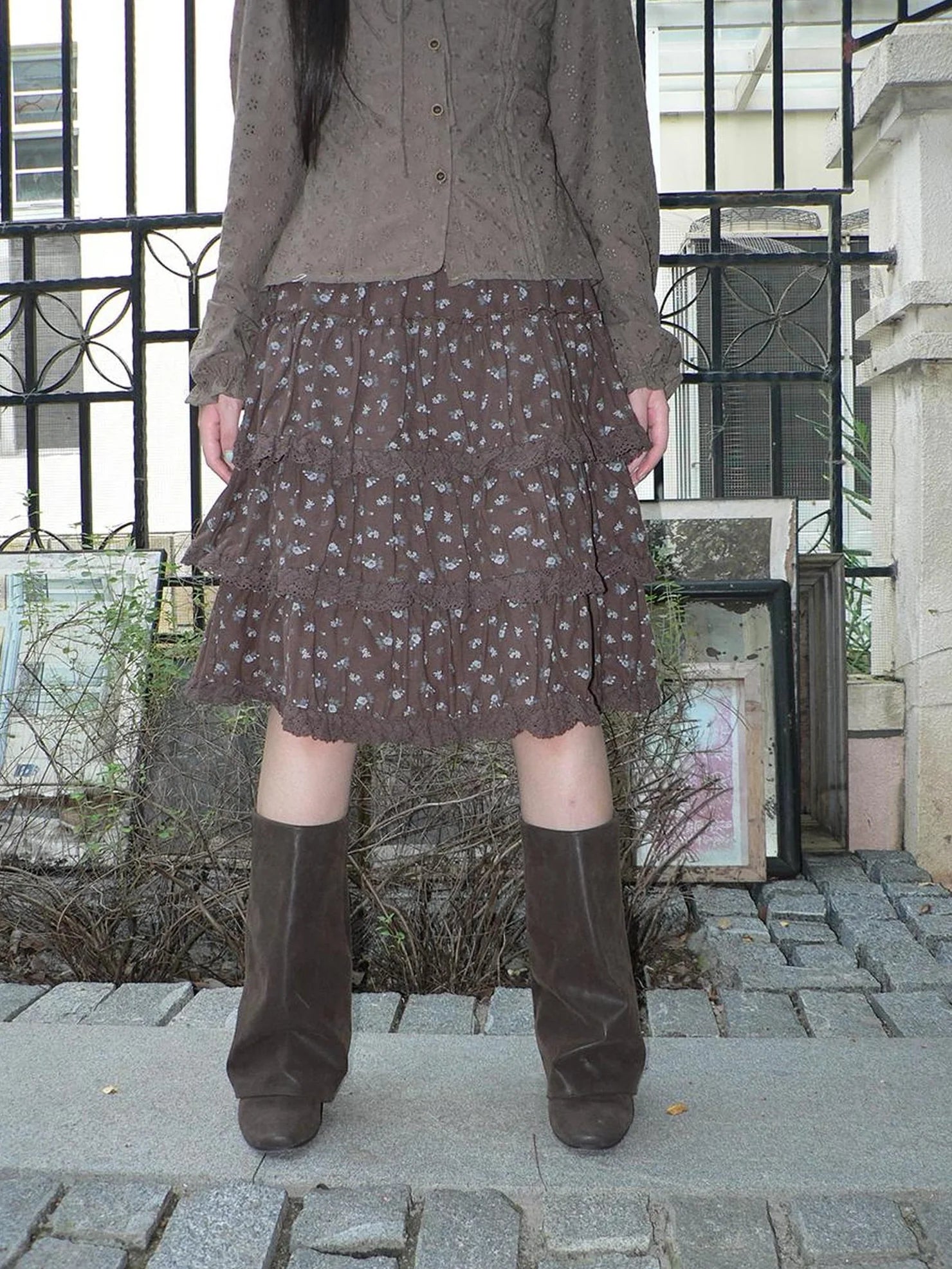 ang project Vintage Floral Lace Trim Tiered Midi Skirt Skirt