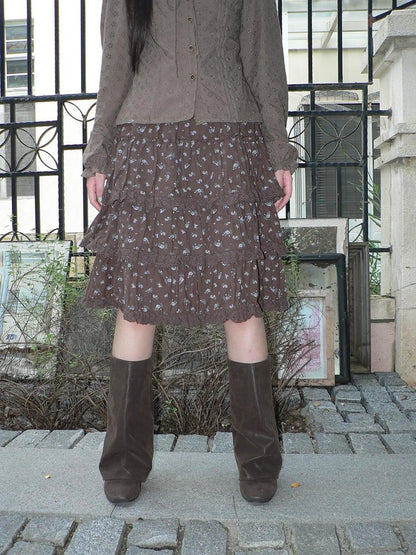 ang project Vintage Floral Lace Trim Tiered Midi Skirt Skirt