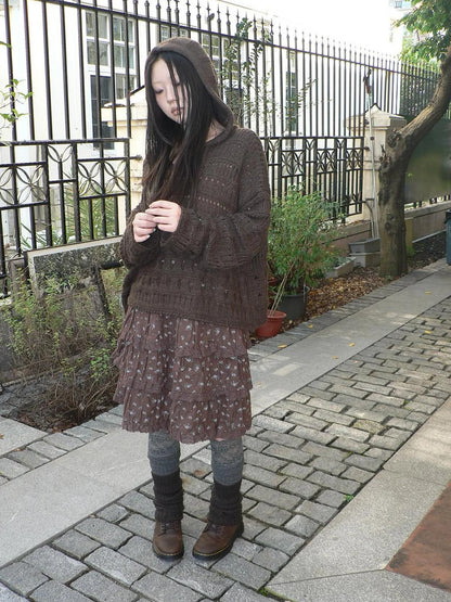 ang project Vintage Floral Lace Trim Tiered Midi Skirt Skirt