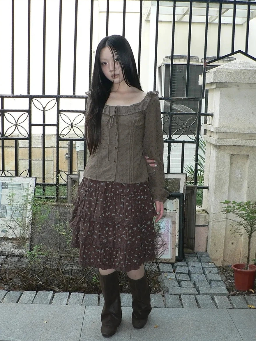 ang project Vintage Floral Lace Trim Tiered Midi Skirt Skirt