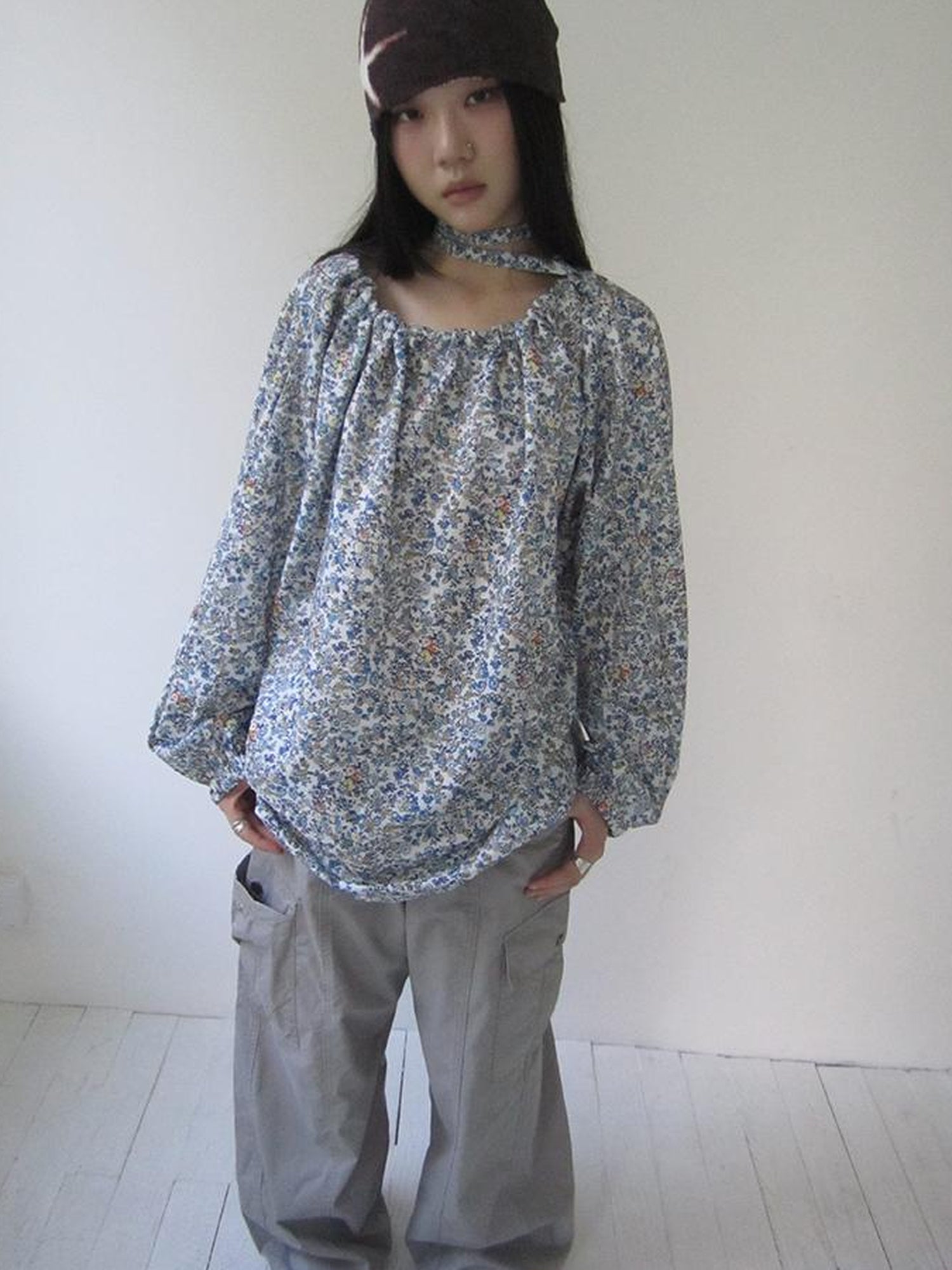 Updateang project Vintage Floral Off Shoulder Two Way Tie Sleeve Blouse