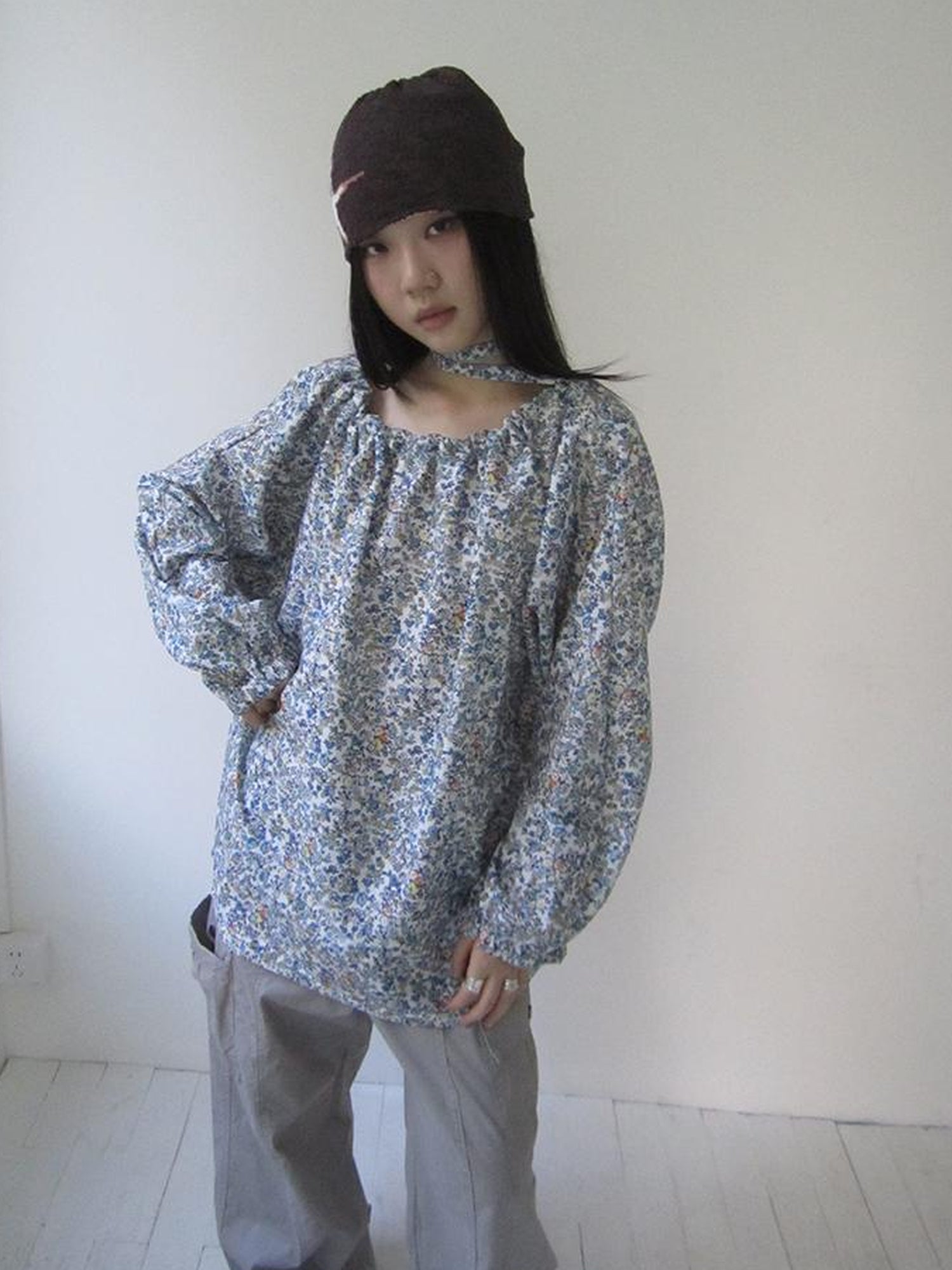 Updateang project Vintage Floral Off Shoulder Two Way Tie Sleeve Blouse