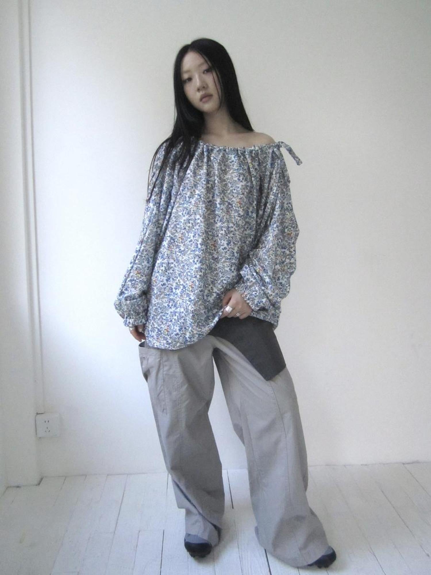 Updateang project Vintage Floral Off Shoulder Two Way Tie Sleeve Blouse