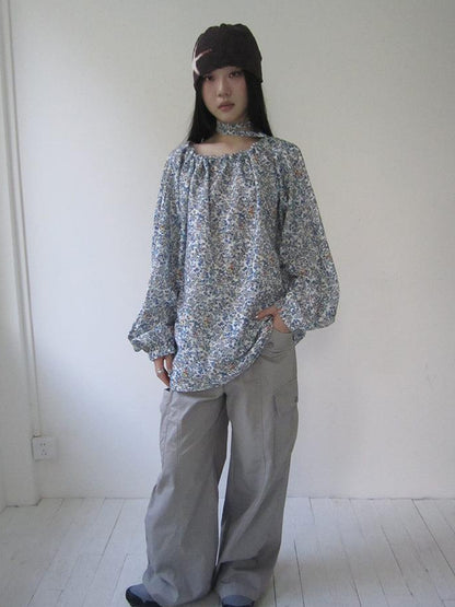 Updateang project Vintage Floral Off Shoulder Two Way Tie Sleeve Blouse