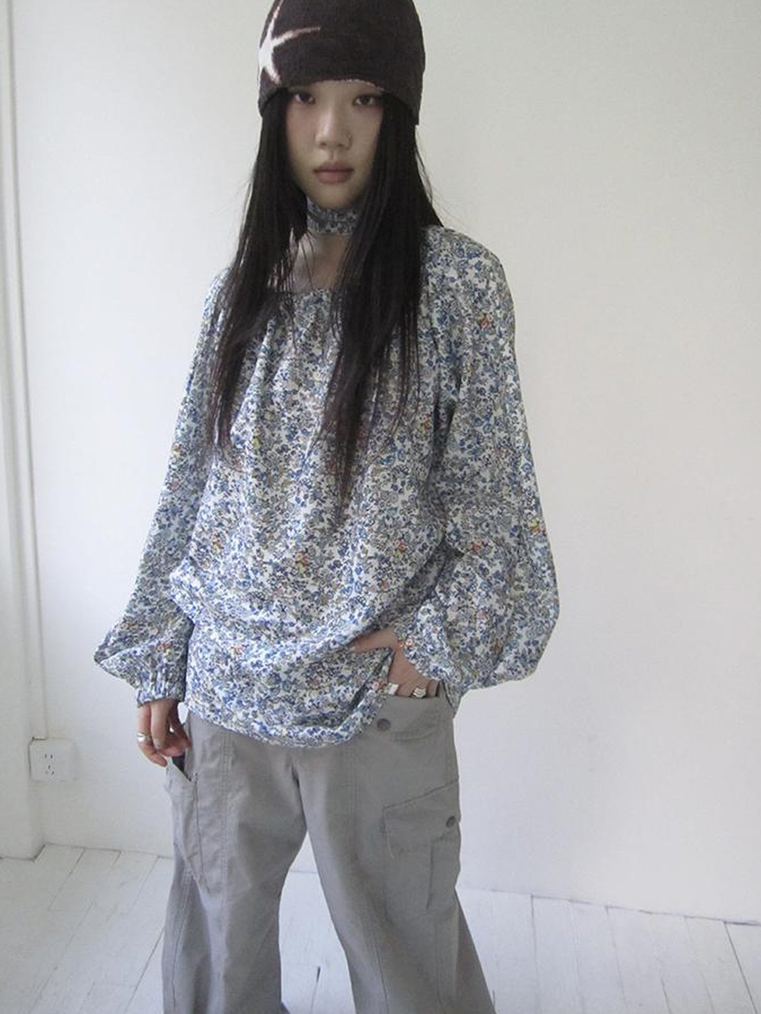 Updateang project Vintage Floral Off Shoulder Two Way Tie Sleeve Blouse