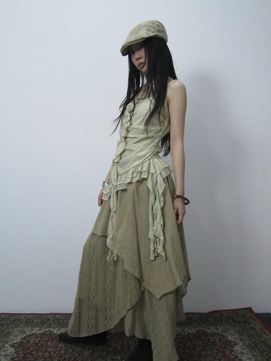 ang project Vintage Floral Patchwork Skirt With Elastic Waist