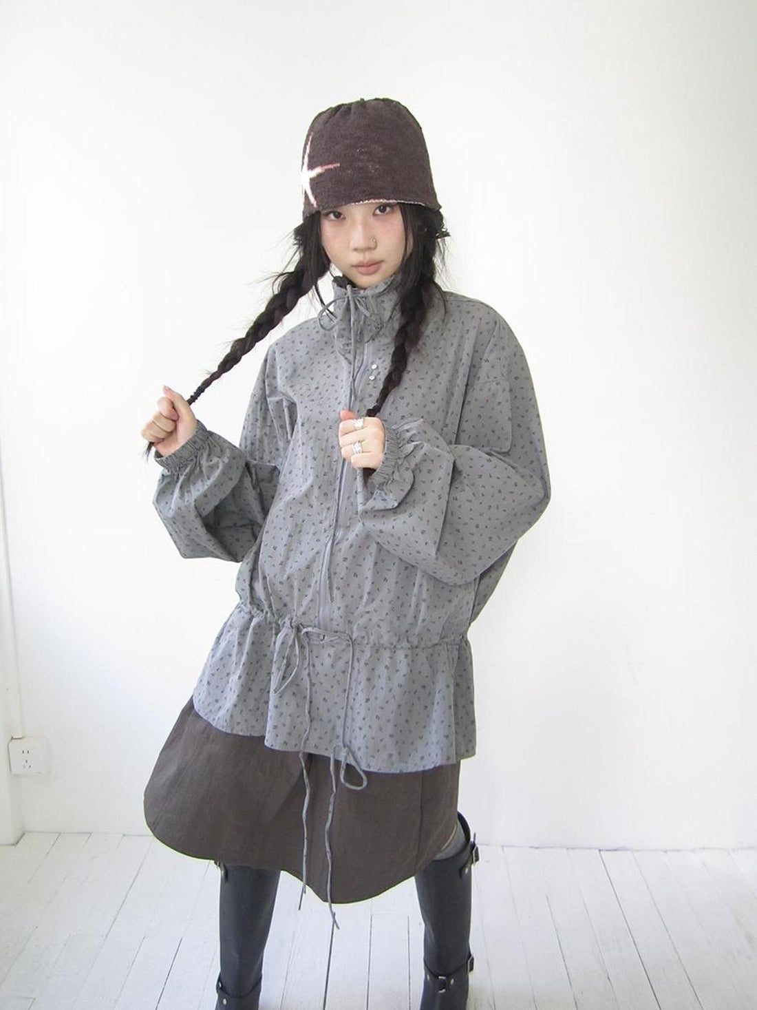 ang project Vintage Floral Print Lace-Up Waist Long Sleeve Blouse