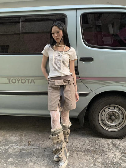 Vintage Floral Print Layered Elastic Short Sleeve Tee With Scarf