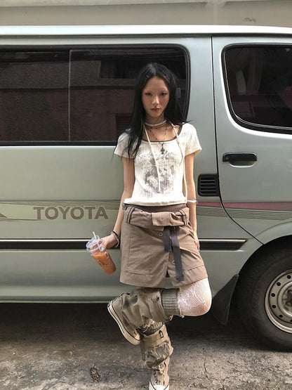 Vintage Floral Print Layered Elastic Short Sleeve Tee With Scarf