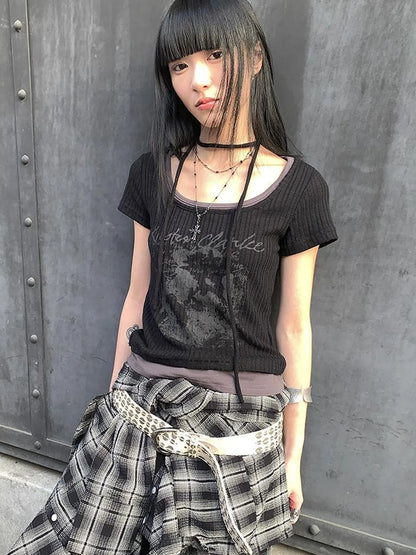 Vintage Floral Print Layered Elastic Short Sleeve Tee With Scarf