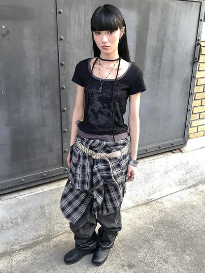 Vintage Floral Print Layered Elastic Short Sleeve Tee With Scarf