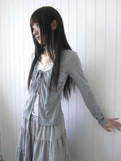 ang project Vintage Floral Print Ruffle Trim Lace Up Layered Look Women&