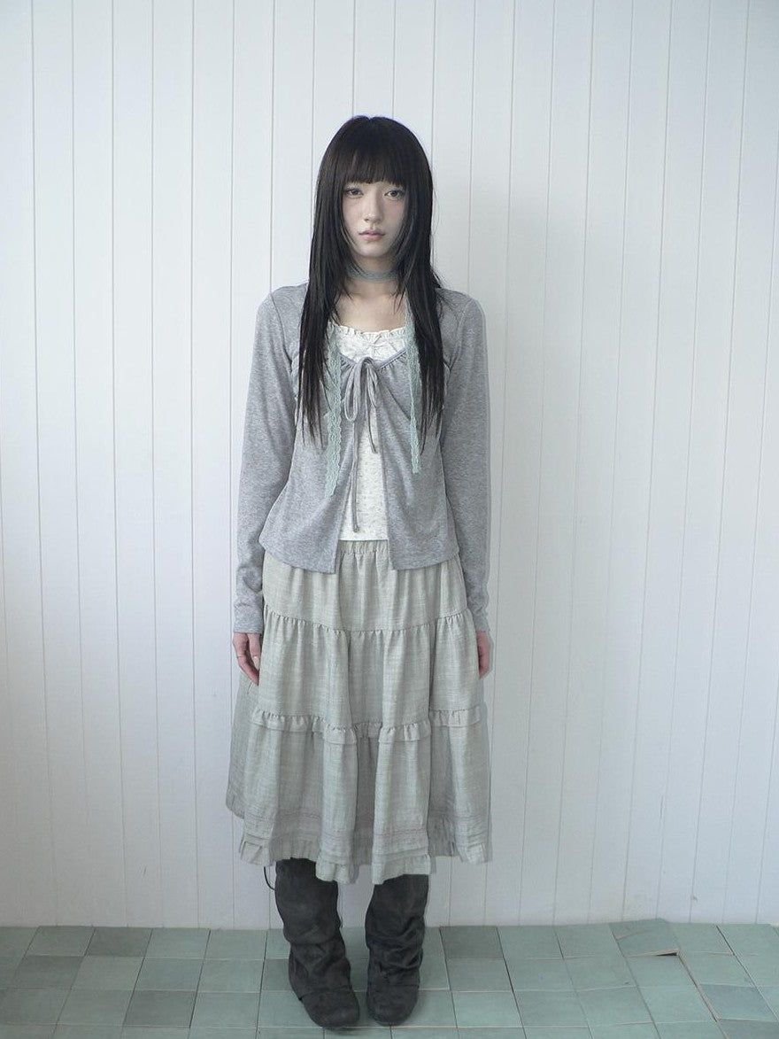 ang project Vintage Floral Print Ruffle Trim Lace Up Layered Look Women&