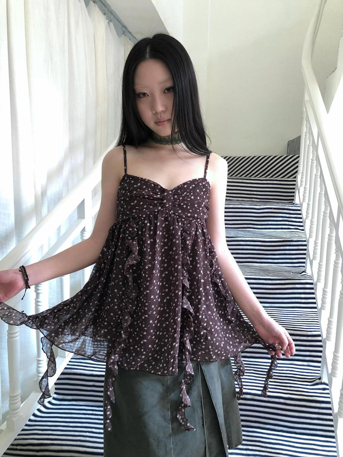 ang project Vintage Floral Ruffle Trim Asymmetrical Ribbon V-neck Women&