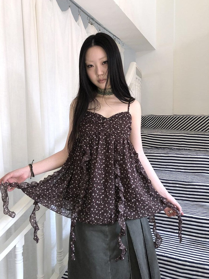 ang project Vintage Floral Ruffle Trim Asymmetrical Ribbon V-neck Women&