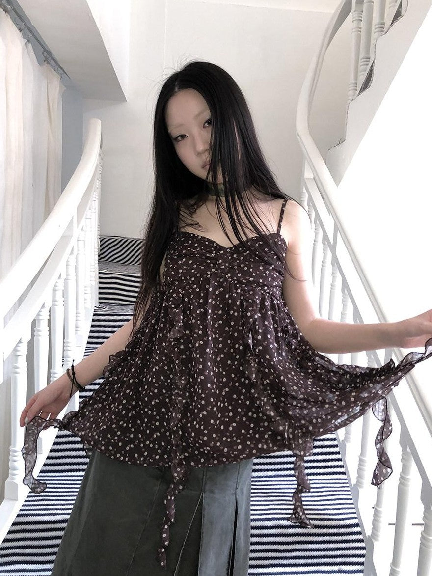 ang project Vintage Floral Ruffle Trim Asymmetrical Ribbon V-neck Women&