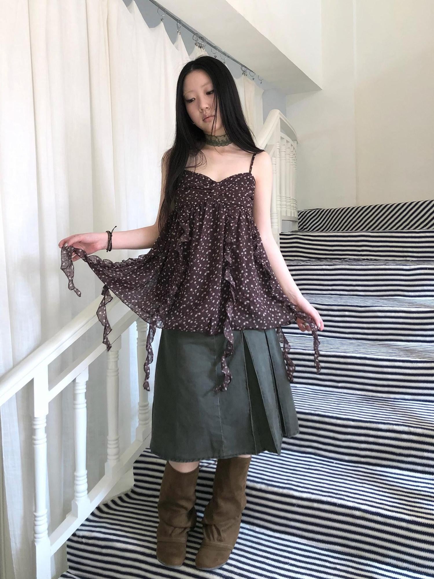 ang project Vintage Floral Ruffle Trim Asymmetrical Ribbon V-neck Women&
