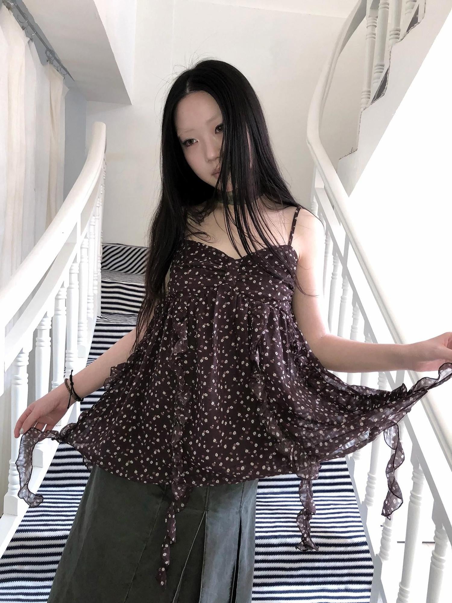 ang project Vintage Floral Ruffle Trim Asymmetrical Ribbon V-neck Women&