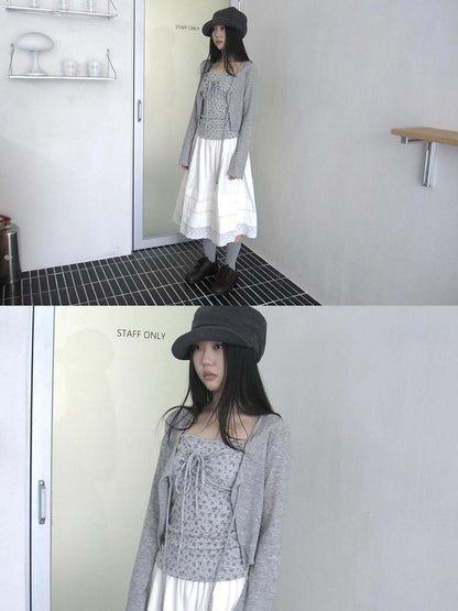 ang project Vintage Floral Tie Front Crop Top And Long Sleeve Cover Set Set