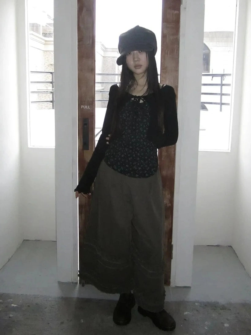 ang project Vintage Floral Tie Front Crop Top And Long Sleeve Cover Set Set