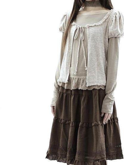 ang project Vintage Fringe Lace Trim Spliced Two Piece Women&