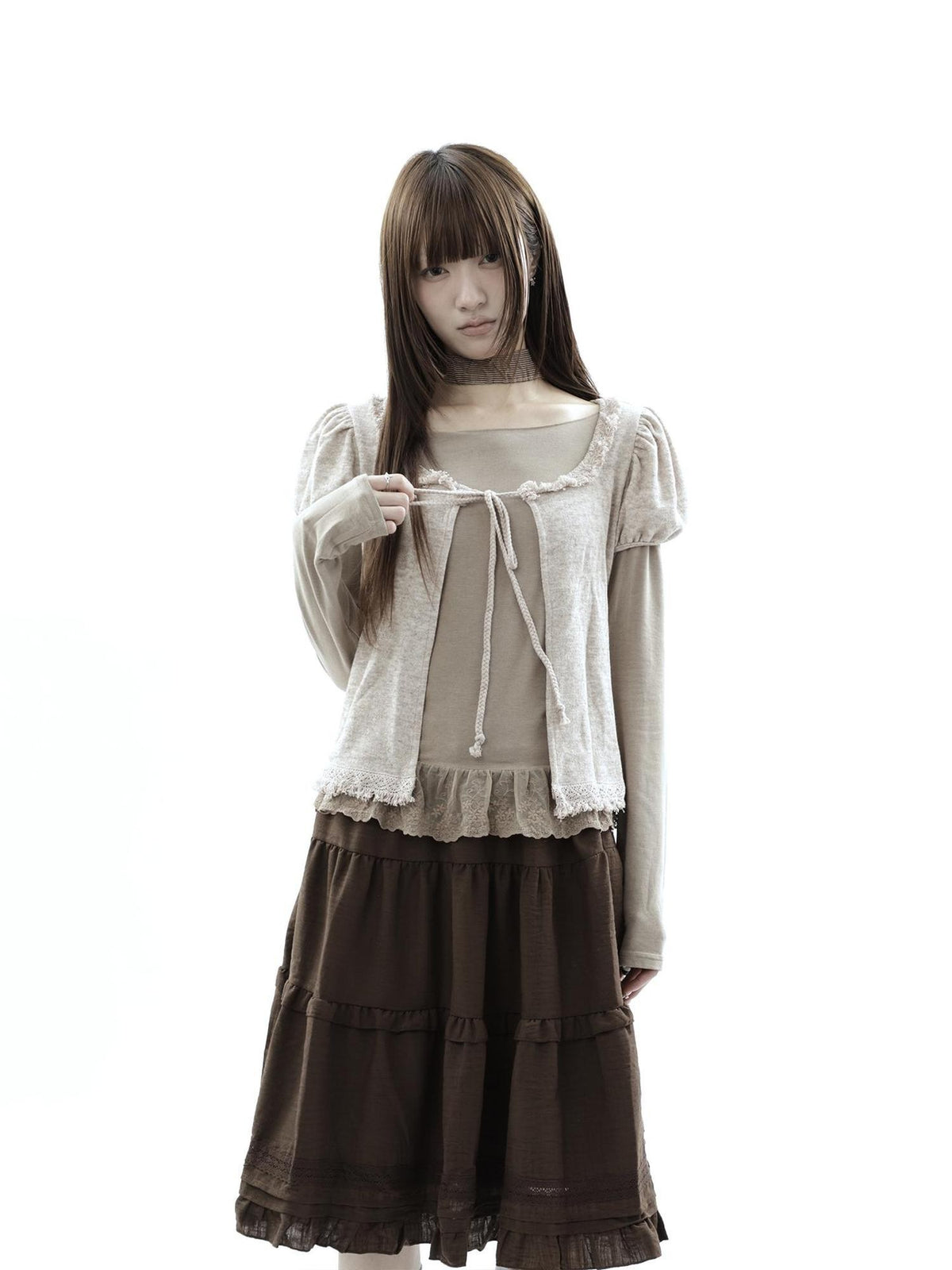 ang project Vintage Fringe Lace Trim Spliced Two Piece Women&