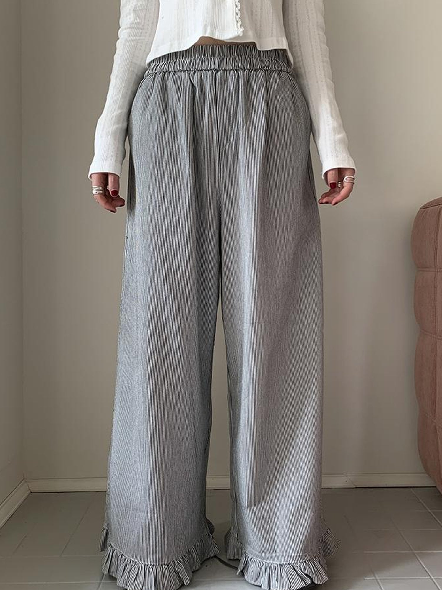 ang project Vintage Fungal Stripe Elastic Waist Wide Leg Pants
