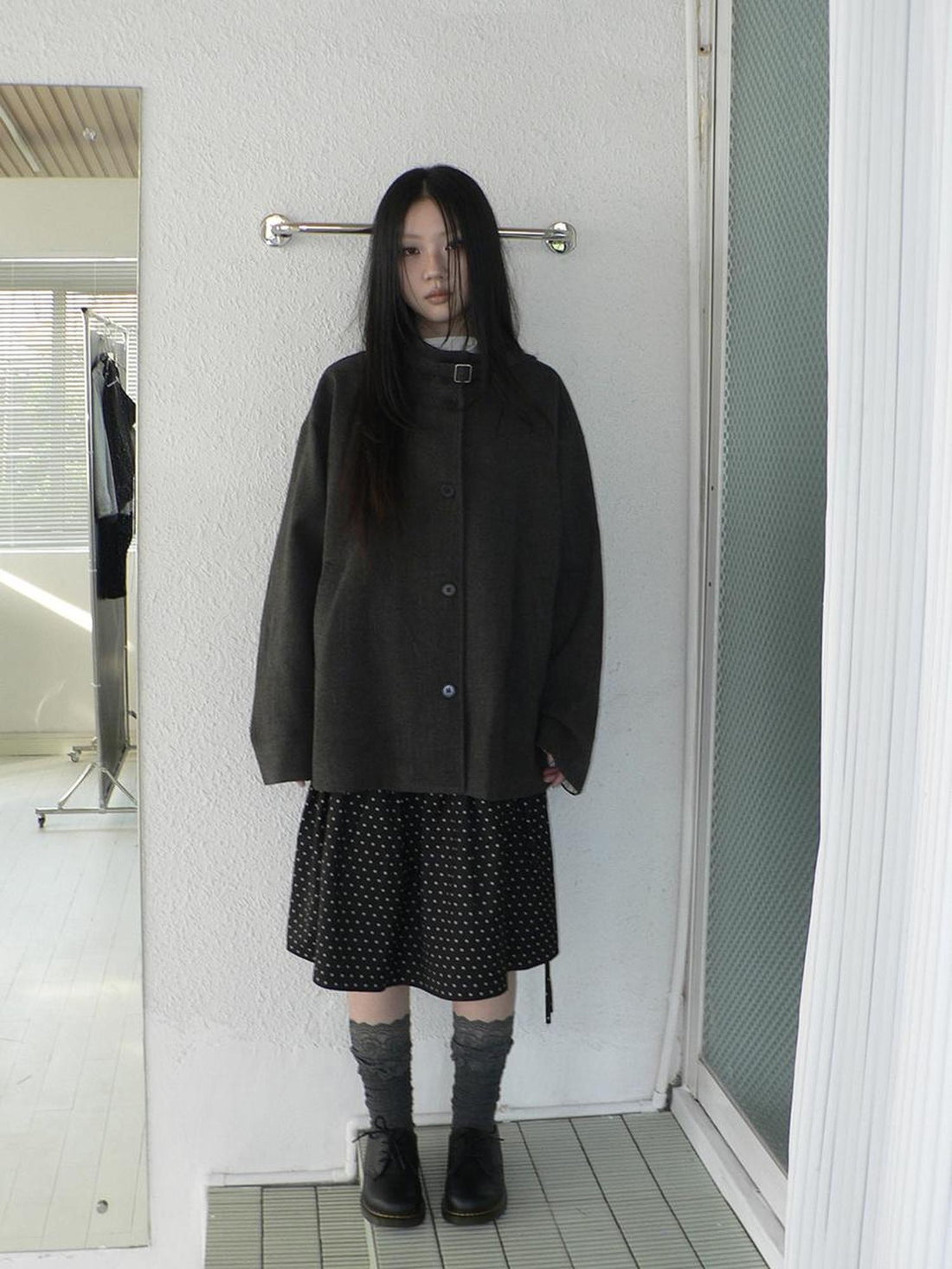 ang project Vintage Funnel Neck Button Front Loose Fit Long Sleeve Women&
