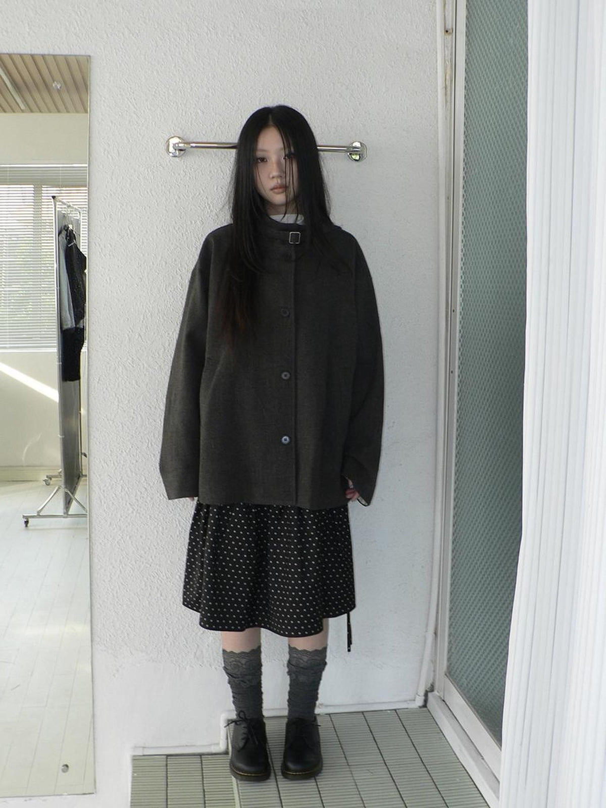 ang project Vintage Funnel Neck Button Front Loose Fit Long Sleeve Women&