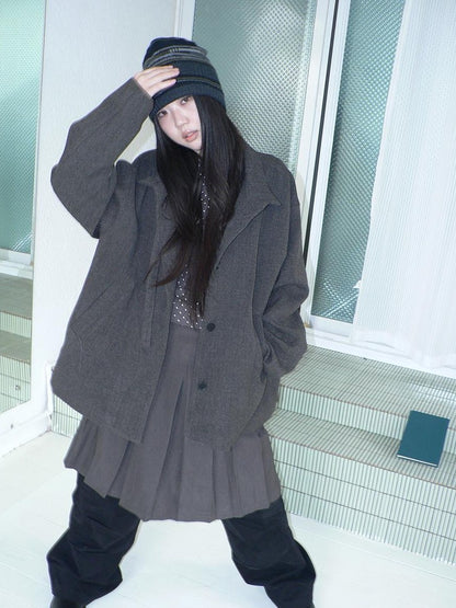ang project Vintage Funnel Neck Button Front Loose Fit Long Sleeve Women&