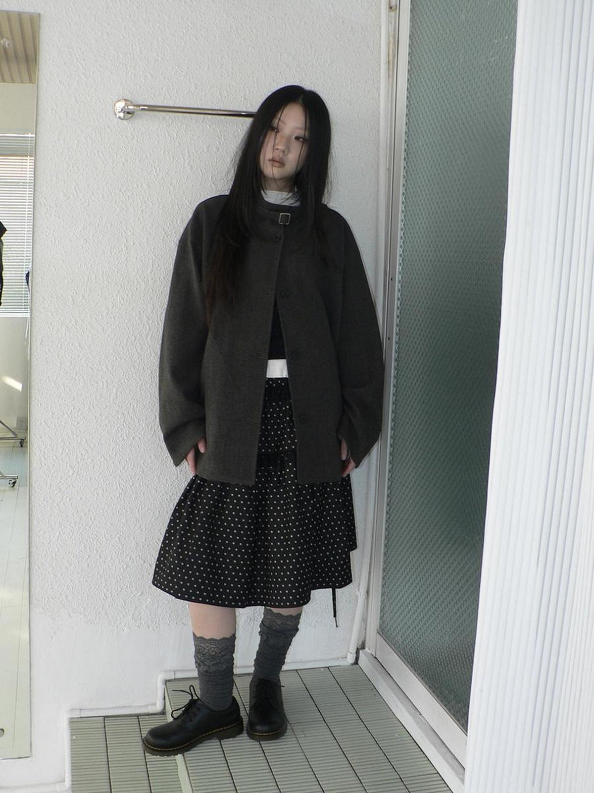 ang project Vintage Funnel Neck Button Front Loose Fit Long Sleeve Women&
