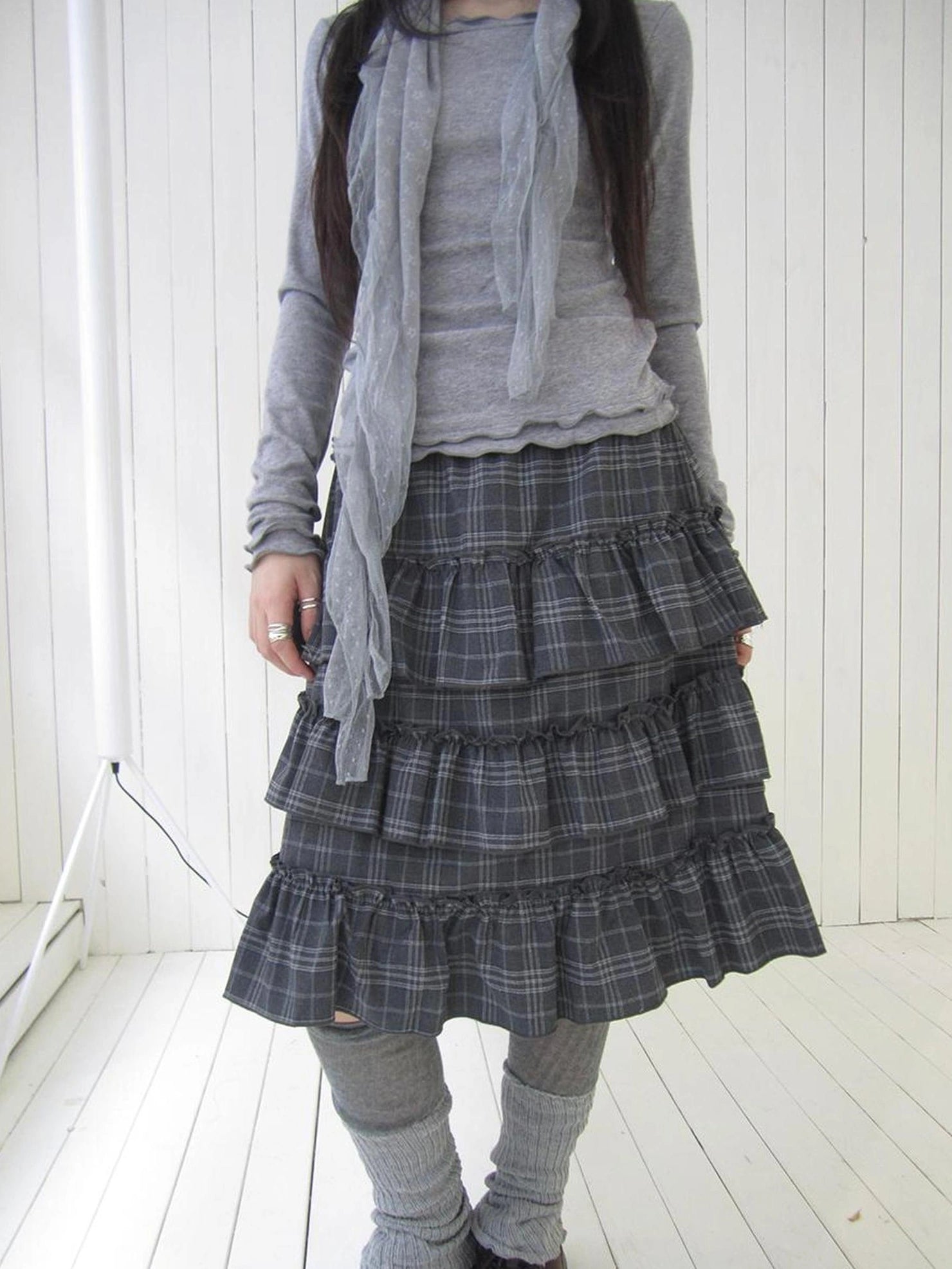 ang project Vintage Gray Layered Gingham Ruffle Hem Skirt Skirt