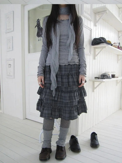 ang project Vintage Gray Layered Gingham Ruffle Hem Skirt Skirt