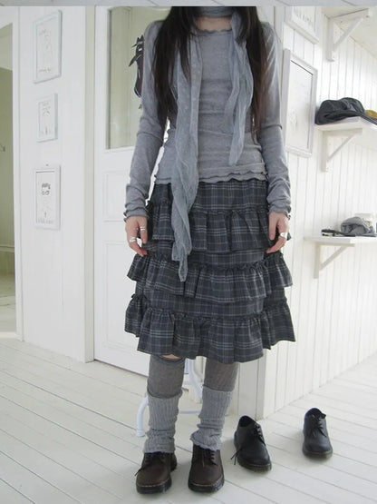 ang project Vintage Gray Layered Gingham Ruffle Hem Skirt Skirt