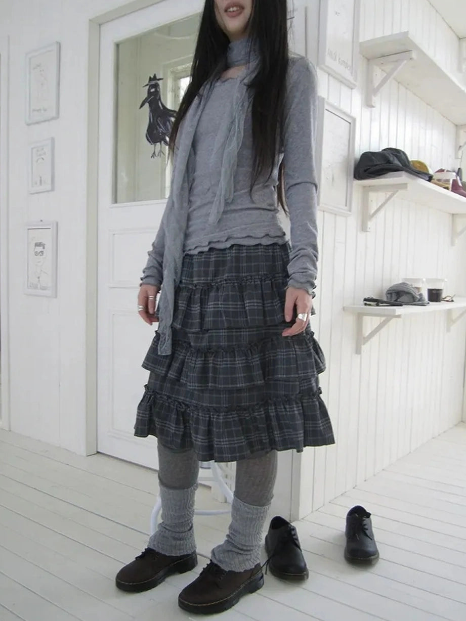 ang project Vintage Gray Layered Gingham Ruffle Hem Skirt Skirt