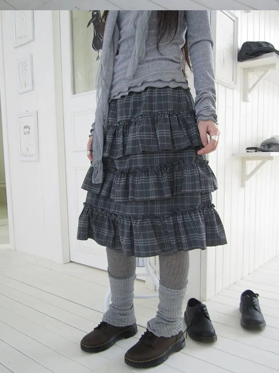 ang project Vintage Gray Layered Gingham Ruffle Hem Skirt Skirt