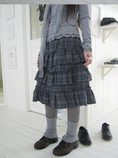 ang project Vintage Gray Layered Gingham Ruffle Hem Skirt Skirt