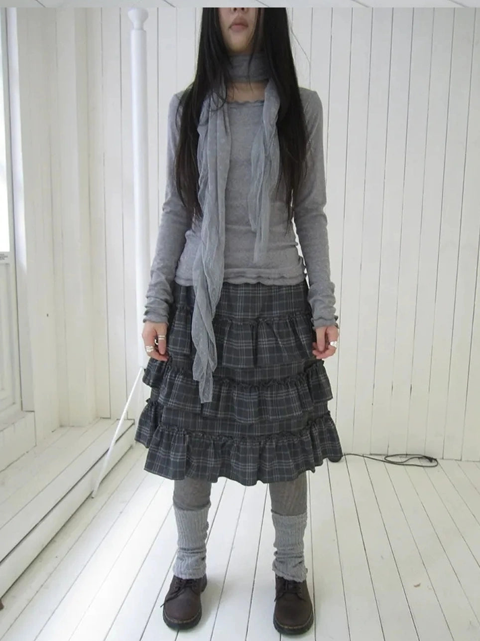 ang project Vintage Gray Layered Gingham Ruffle Hem Skirt Skirt