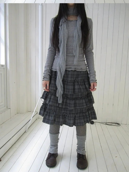 ang project Vintage Gray Layered Gingham Ruffle Hem Skirt Skirt