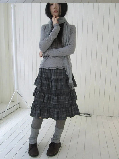 ang project Vintage Gray Layered Gingham Ruffle Hem Skirt Skirt