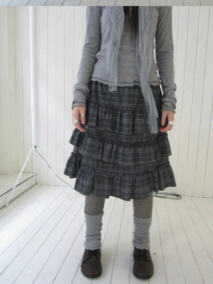 ang project Vintage Gray Layered Gingham Ruffle Hem Skirt Skirt