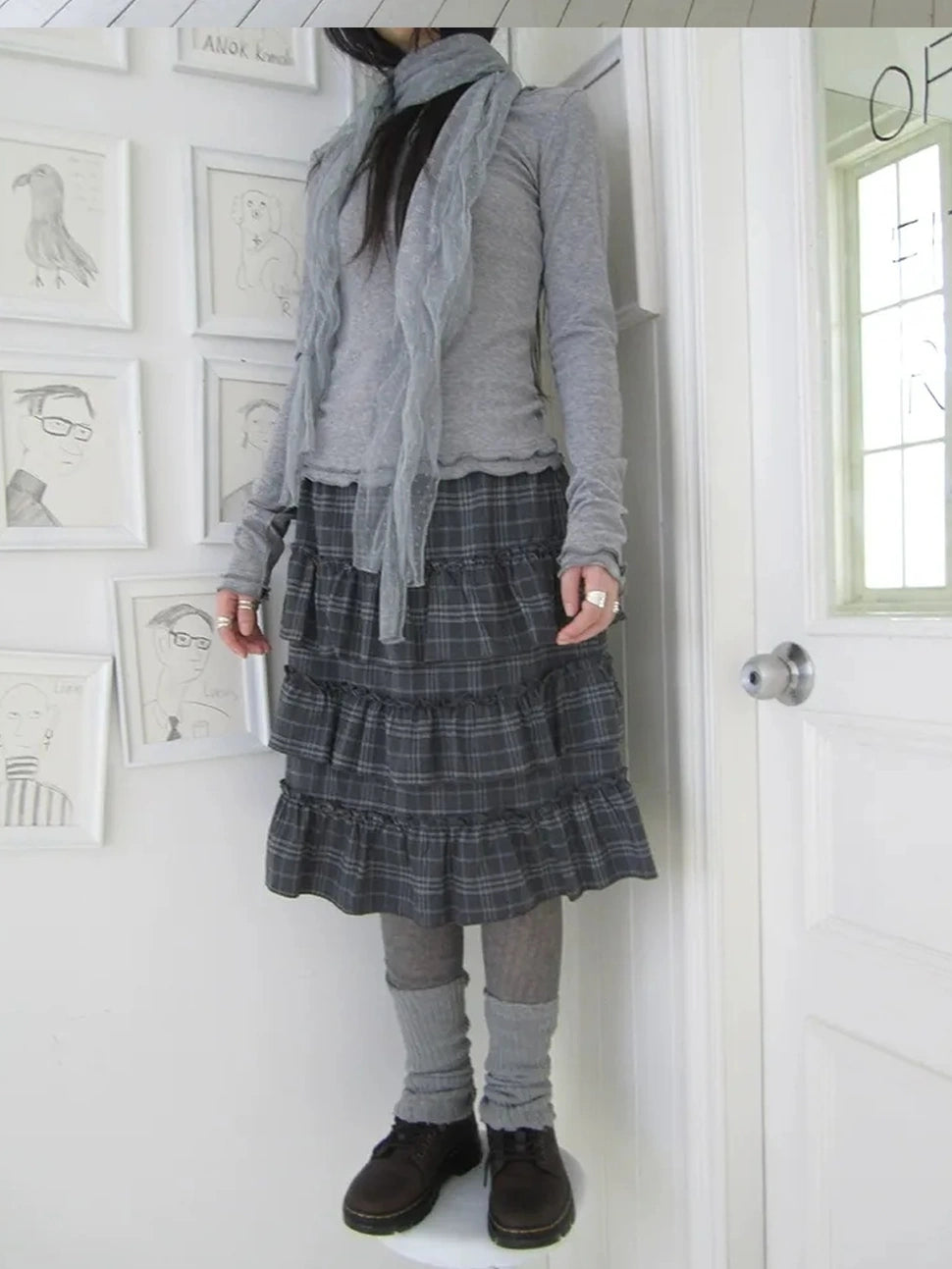 ang project Vintage Gray Layered Gingham Ruffle Hem Skirt Skirt