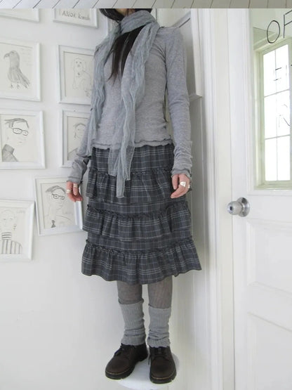 ang project Vintage Gray Layered Gingham Ruffle Hem Skirt Skirt