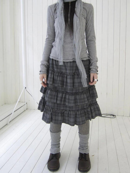 ang project Vintage Gray Layered Gingham Ruffle Hem Skirt Skirt